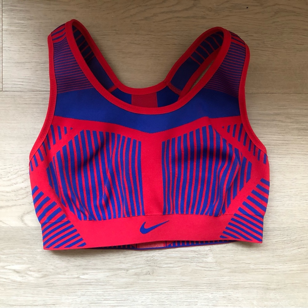 Nike Flyknit High-Support Red/Royal Blue Non-Padded Sports Bra Size Small